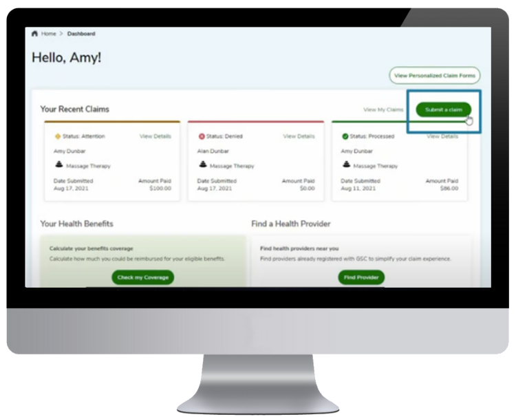 GreenShield Canada Everywhere Tool - Start a claim page screenshot